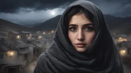 Hyper Realistic close-up-photographic-view of Beautiful-Pashto-Girl covering her face with grey-shawl with beautiful eyes wearing-black-dress standing outside village-houses giving-bold-expressions on mountain-top at night with cloudy-moonlight showing dramatic & cinematic ambiance