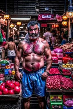 full body shot photography, iranian man at night, 55 years old with hands on the flap, manly chest, muscular chubby , curly beard, dirty, serious, stand up on a crowded street, sells watermelons at his stall, sweat, shirtless, open legs, bulging pants, long hair, ugly, big thighs, bullneck, big shoulders, photo realistic, photographic, super detailed, hyper realistic, UHD, midnight , misery and poverty, side light, frontal view from the ground, ambient occlusion