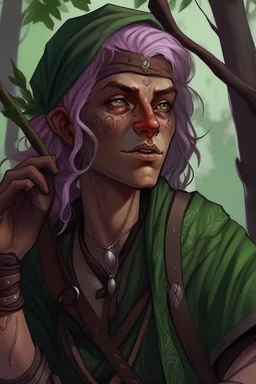 Middle aged wood elf, rogue assassin, brown skin, bright green eyes, mauve hair, sneaky, trees, stoner, long bow, black leather straps, disheveled, smoking weed