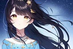 A beautifully detailed artwork of one women with a dreamy demeanour, featuring long black hair with stars as hair clips, sparkly golden eyes, The women is wearing a detailed yellow and light blue dress of delicate fabric and soft colours, adorned with patterns and accessories. close-up. light blue, white, starry night sky