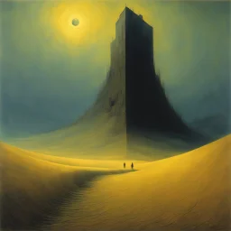 [art by Zdzisław Beksiński] I saw a structure rise, a beacon in the haze, Perhaps the answers I craved were hidden in its maze. With weary steps, I reached the holy town, But the truths I sought forever eluded my frown. Wandering these dunes, a mystery unbound, Visions and memories, swirling all around. What forces brought me to this alien ground? A soulful lament, my heart's resound.