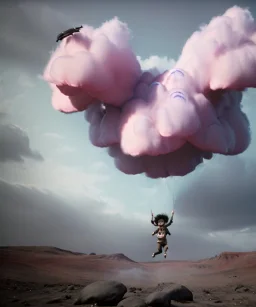 Ultra realistic clouds sky scene, wide angle, medium shot view, color smoke fog, sweet Childs, free jumping flying, trinkets, monster hair, hair monster, jelly beans, balls, smile, happy, circus style, inflatable color clothing, extreme, wind, clouds sea, 20,000 feet altitude, stratosphere, soft color, highly detailed, unreal engine 5, ray tracing, RTX, lumen lighting, ultra detail, volumetric lighting, 3d, finely drawn, high definition, high resolution.