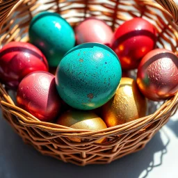 digital photograph of off-center modern basket colorful Easter eggs. eggs display intricate textures in azure, emerald, blush, crimson, sapphire, and gilded metallic hues. cinematic HDR backlighting highlights subtle dimples and glossy reflections, with shallow depth of field softening the sunlit background. hyperrealistic 8k resolution,