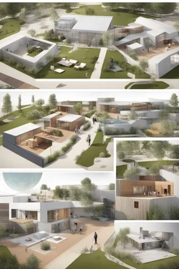 could you please create a visual image for an design project of different areas in a Holistic and Sustainable Refugee Resettlement Centre that applies the following 'Self-Sustainability, Enhanced Living Conditions, Multi-functional Communal Spaces, Education and Job Training Centers, Integration of Mental Health Support'