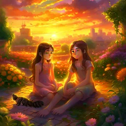 A magical moment in a painterly sunset garden. The two girls sit close together with the three kittens cuddled between them, looking up toward the glowing evening sky. Above them, soft light trails, sparkles, or a glowing star emerge — a touch of fantasy as if nature itself whispers to them. The warm colors wrap around them: coral, gold, rose, and soft blue. The composition feels like the closing page of a gentle fairy tale. Painted with rich oil textures, craquelure, and poetic atmosphere. --v