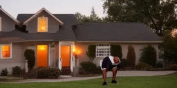 A swole black man lifting dumbells in front of his house at twilight