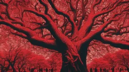 red tree, highly detailed, beautiful desktop wallpaper, comic style, many human faces on tree