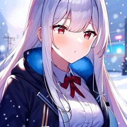 Clear focus, 8k, high quality, detailed, beautiful lighting, girl, vibrant colors, white long hair, vibrant red eyes, it's cold, jacket, snowing,