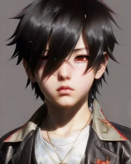 Detailed young anime boy child.crying, dark brown hair , intricate details, full body portrait, keep head in frame, slight, black Japanese motif, concept art, highly detailed, digital painting, concept art, sharp focus, illustration, art by Yoji Shinkawa, WLOP and greg rutkowski and alphonse mucha and artgerm and yanjun Chen and Junji ito and Makoto Shinkai, HDR, octane render