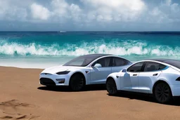 A Tesla 'Model S' is racing at top speed, at the beach of Waikiki in Hawaii. CINEMATIC. WIDE ANGLE LENS. PHOTO REAL.