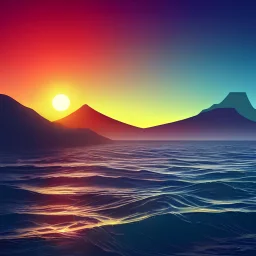 hawaii sunrise, Multiple layers of silhouette waves, with silhouette of volcanos, sharp edges, at sunset, with heavy fog in air, vector style, horizon silhouette Landscape wallpaper by Alena Aenami, firewatch game style, vector style background
