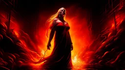 A beautiful woman stands in the center of a dreamlike, surreal landscape. She wears a flowing, revealing red dress that clings like liquid fire to her form, catching the light as though woven from silk and flame. Half of her body is bathed in a warm, golden glow, while the other half is cloaked in deep, living shadows that move and curl around her like sentient smoke. Her expression is unreadable—serene, yet tinged with danger—as if she exists between temptation and mystery. Behind her, the sky