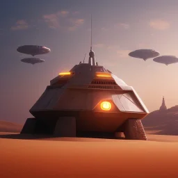 volumetric desert environment, Ralph McQuarrie style painting, armored hovercraft, highly detailed, renderman