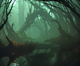 dynamic lighting, Intricately detailed, Splash screen art, deep color, Unreal Engine, volumetric lighting, dark fantasy artwork, dark swamp artwork, fantasy swamp artwork, cottage, night, fog,