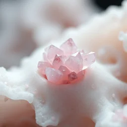 Macro photography of rose quartz crystal clusters emerging from soft biological gel-like tissue, extreme close-up, fine micro texture detail, soft directional light, dark neutral background, ultra photorealistic, 8k