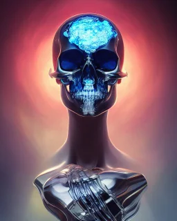 A glass headed skull with sapphire eys wearing a futuristic uniform, 8k resolution concept art portrait by Greg Rutkowski, Artgerm, WLOP, Alphonse Mucha Boris Vallejo dynamic lighting hyperdetailed intricately detailed Splash art trending on Artstation vivid colors Unreal Engine 5 volumetric lighting, by H.R. Giger