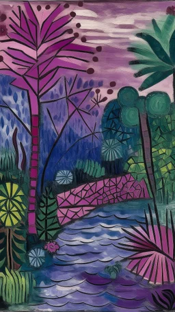 A purple jungle with a toxic river painted by Paul Klee