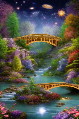 Pont avec des fleurs , riviers animé, soleil, ciel étoilé cgi,cinema 4d