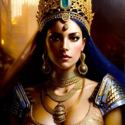 portrait beautiful face queen of Sheba ,busty,medieval metal armor balanciaga fashion clothe painting by gaston bussiere, greg rutkowski, yoji shinkawa, yoshitaka amano, tsutomu nihei, donato giancola, tim hildebrandt, oil on canvas, cinematic composition, extreme detail,fit full head inside picture