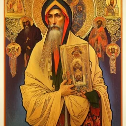 patron of photographers holding a camera in one hand and film roll in the other. orthodox icon with saint photographer. Cyrillic inscriptions. hyperdetailed, Alphonse Mucha, Zdzisław Beksiński, poster, illustration, ink, oil on canvas, 18th century atlas