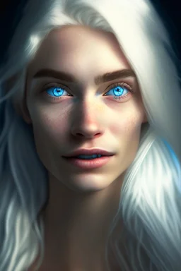 Highly detailed portrait of stunningly beautiful young woman, with white hair and blue eyes 8k, 23 years, three point lighting.