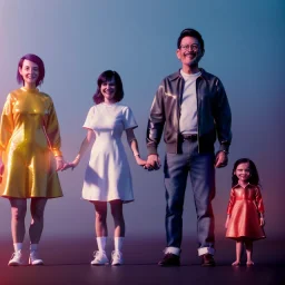 Ultra Realistic classic family portrait, living room. father. mother. daughter. alien pet. Little flying sphere drone. retro futuristic, minimal style, latex dress. smile, happy. highly detailed, concept art, unreal engine 5, ray tracing, RTX, lumen lighting, ultra detail, volumetric lighting, 3d, finely drawn, high definition, high resolution.