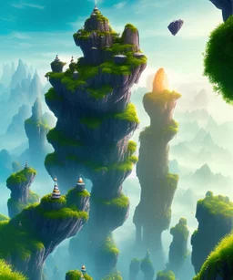 giant rocks stacked on top of eachother with tiny people looking up at them, Fantasy world landscape