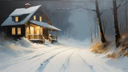 A cabin at the end of a snow covered road with a porch light on during a heavy snow storm with blowing snow and drifts, lots of heavy snow :: by Robert McGinnis + Jeremy Mann + Carne Griffiths + Leonid Afremov, black canvas, clear outlining, detailed