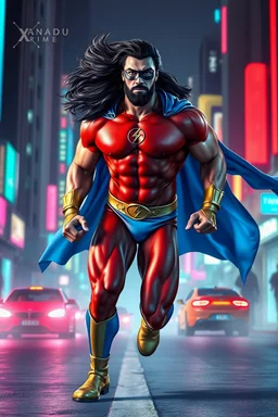 A giant, muscular man with long, flowing, black hair that is blowing in the breeze and blue eyes, goatee, Running on the streets in the neon lit, futuristic City of Xanadu prime, he is wearing a red body suit that forms to his muscular frame, he also wears tight blue trunks on the outside of the suit, he has a gold lightning belt, gold wrist gauntlets, he wears gold, knee-high boots, he wears a blue cape, he has the symbol of Xanadu Prime on his chest, and a thin black leather bandit eye mask,