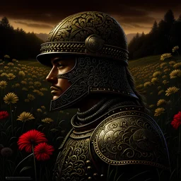 Warrior with helmet, midsummers eve, traditional, pagan, painted, digital painting, 24k, high resolution, highly detailed, ornate, meadow with flowers and trees, art by Manuel Sanjulian