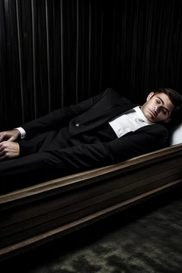 a man in black suit, white shirt, black pants, black shoe sleeping in a coffin