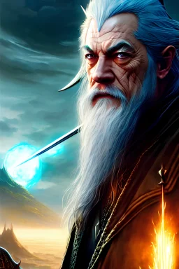 ((aetherpunk gandalf)), ((futuristic background)), ((perfect face)) hyper realist, hyper detailed, intricated, unreal engine, octane, final fantasy, karol bak, greg rutkowski, rossdraws, artgerm, wlop, vallejo