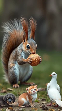 Beautiful squirrel holding a walnut and a puppy is watching with a small cat and a white dove