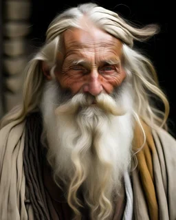 A 1000-year-old blind homeless man with a long, white beard.