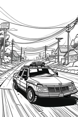 Outline art, no shading, police car on the road, cartoon style, black and white, low detail, --ar 9:11