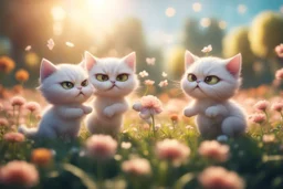 cute chibi angry cats fighting on a flowerfield in sunshine, ethereal, cinematic postprocessing, dof, bokeh Weight:1 detailed matte painting Weight:0.9