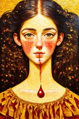 try to squeeze a drop of blood from a sugar cube; Lowbrow painting inspired by Gustav Klimt; Golden Hour; Exquisitely Detailed