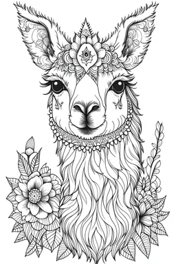 portrait of Llama and background fill with flowers on white paper with black outline only, style mandala