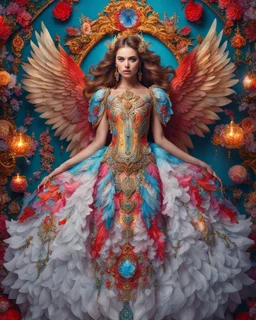 Gorgeous photography full body Beautiful super model Russian dressing Lady Angel colorful art conceptual, amazing artwork, hyper detailed, ultra maximalist quality, 12k , close-up portrait,crystal ornaments vbackground