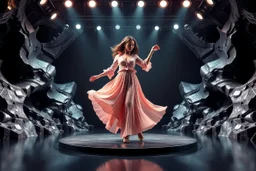 a 3d fractal stage made of metallic dark color 3d structures, pertty artistc background,dynamic animating lights,a beautiful lady prance in pretty maxi skirt and blouse dancing on stage