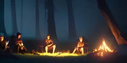 Adventurers resting around a campfire in a forest clearing at night, starry sky, dark fantasy, high detail, high definition, big adventuring bags, atmospheric