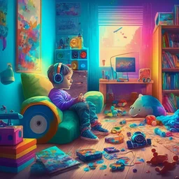 A boy is sitting on the sofa in his room listening to music with headphones, and his toys have come to life and are playing around him. A room full of joy and color.