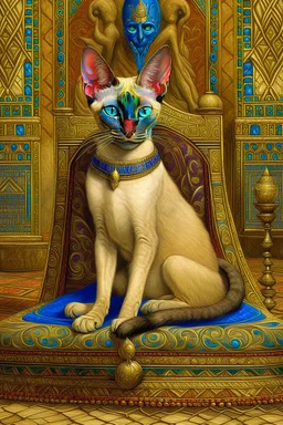 A Oriental shorthair Siamese cat wearing a small Pharoah's crown .The cat is sitting up tall on a purple velvet royal Egyptian cushion with intricate gold design and gold thread tassels. BG is Pharoah on his throne in painterly, airbrushed, image. Bing.