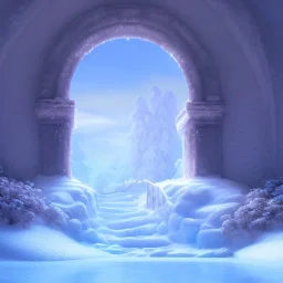 ethereal winter flowers, carved ice door at the end of ice steps, magical atmosphere, Renato muccillo, Andreas Rocha, Johanna Rupprecht, Beardsley, Unreal render, cinematic blue --aspect 9:16 --s 2500