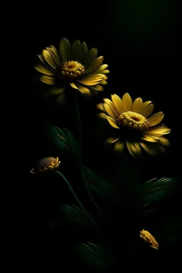 golden flowers below on a dark green background, 8k