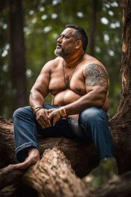 close up photography of a marocan 50 years old seated on a tree trunk in the wood, burly chubby muscular overweight, with opened shirt on manly chest, white bulging boxer, shirtless, hairy , golden hour, tatoo, Cinematic, 35mm lens, f/1.8, accent lighting, global illumination, frontal view from the ground