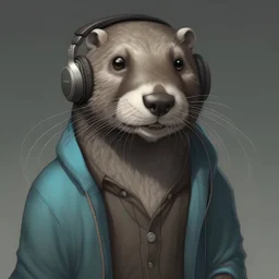 photorealistic, portrait of an otter, headphones, casual clothes