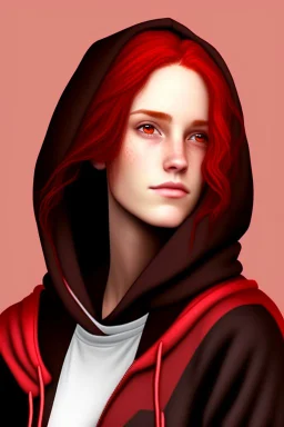 A woman with dark brown eyes and shoulder length red hair wearing a black hoodie. Realistic.