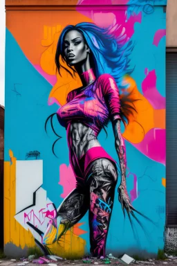 graffiti art on the back side of an abandoned building portraying a female super model posing confidently, 8k, highly detailed, centered, epic composition, graffiti art, splash art, street art, spray paint, oil gouache melting, acrylic, high contrast, colorful polychromatic, ultra detailed, ultra quality, CGSociety