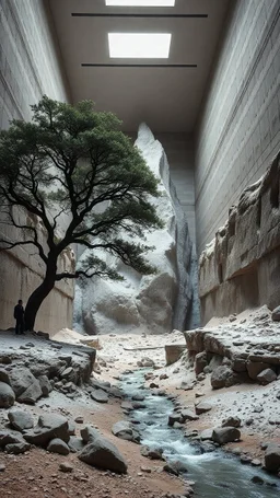 Photograph, a mass of terrain, giant museum space, tree, high walls, high peak in a room, rag, powder, brook, persons, sediments, deflagration of the background, geological formation, light, architecture, minimalist, details of the terrain very accentuated, 8k, deep 3d field, sharp, brutalist, hasselblad h6d400c --ar 85:128 --v 6.0
